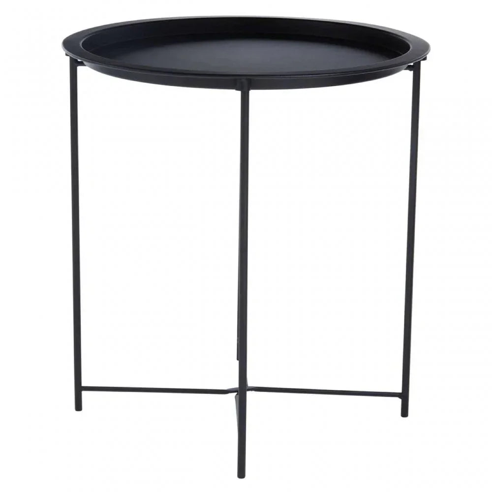Black metal side table with round tray top and minimalist frame