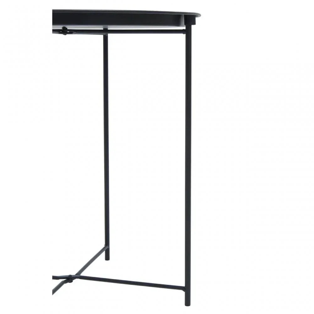 Black metal side table legs with crossbar detail, close-up view from the side