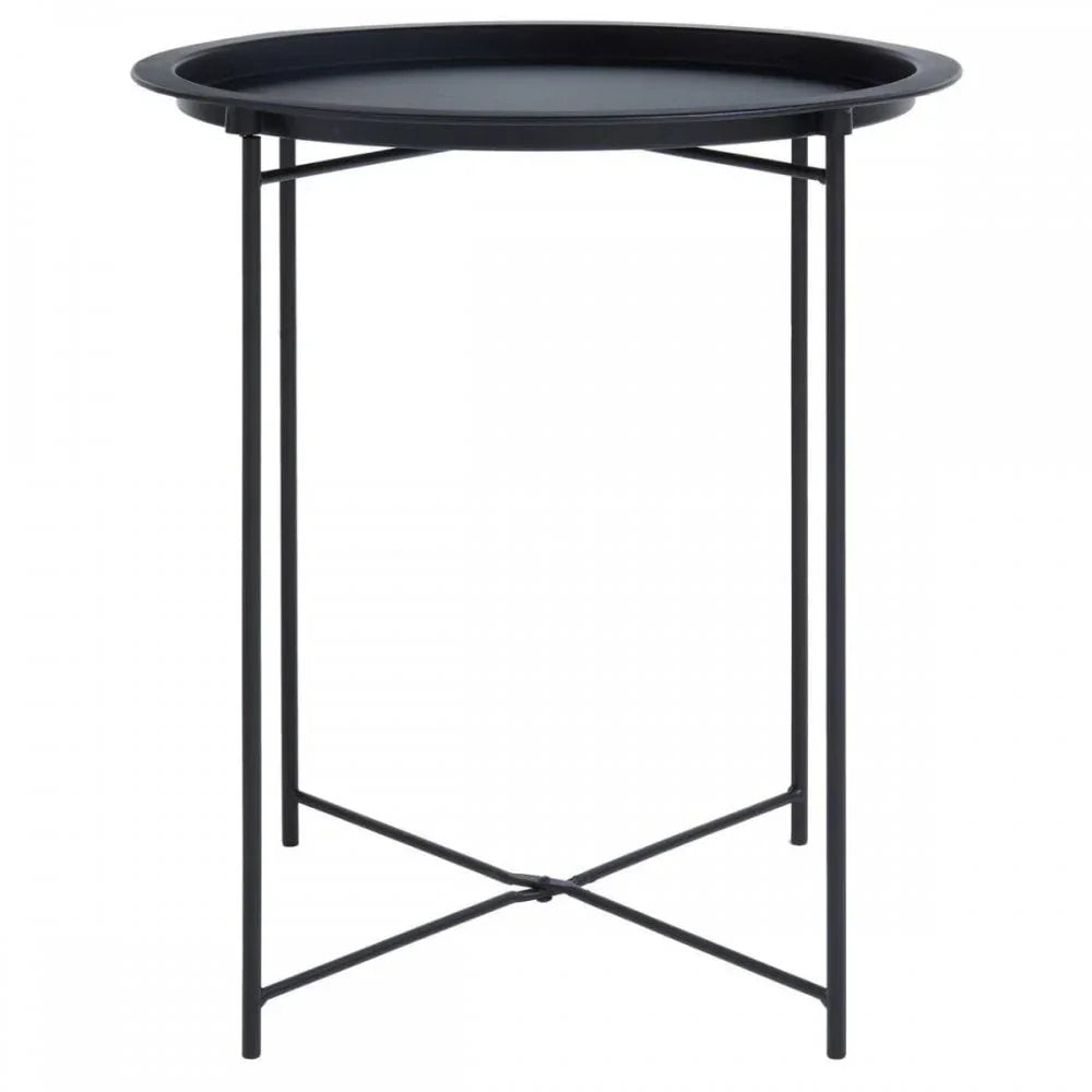Black metal side table with round tray top and slim crossed legs