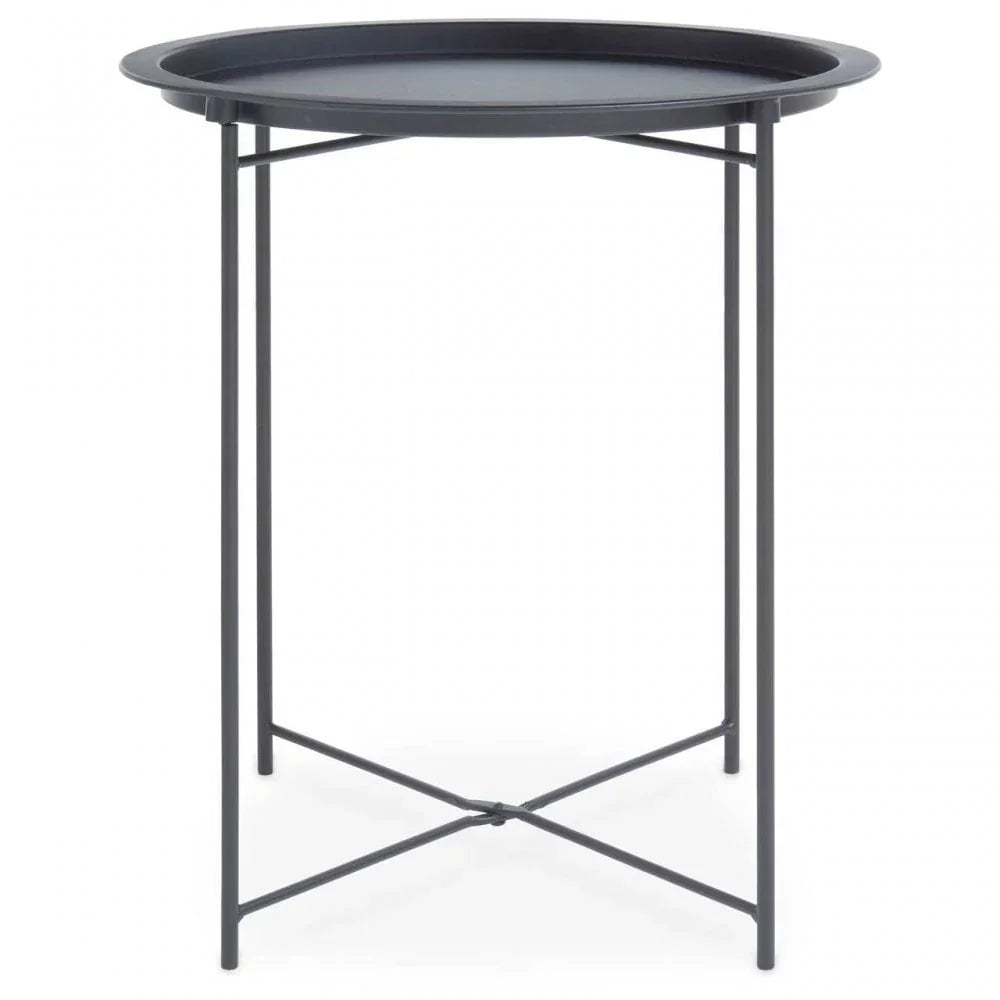 Black round metal side table with raised edge and slim cross-braced legs