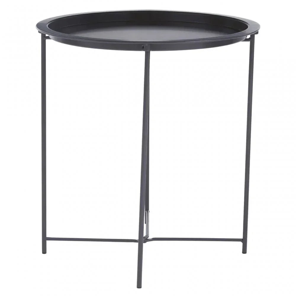Round black metal side table with slim legs and raised edge tray top