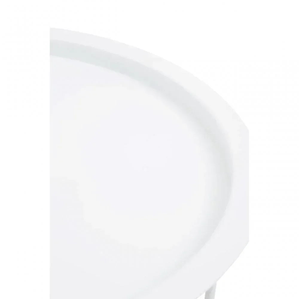 Close-up of white round side table with raised edge and smooth surface