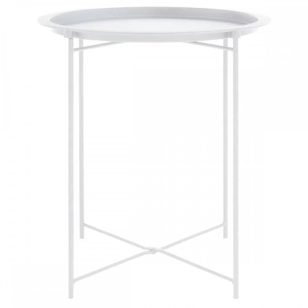 Round white metal side table with slim crossed legs and raised edge top