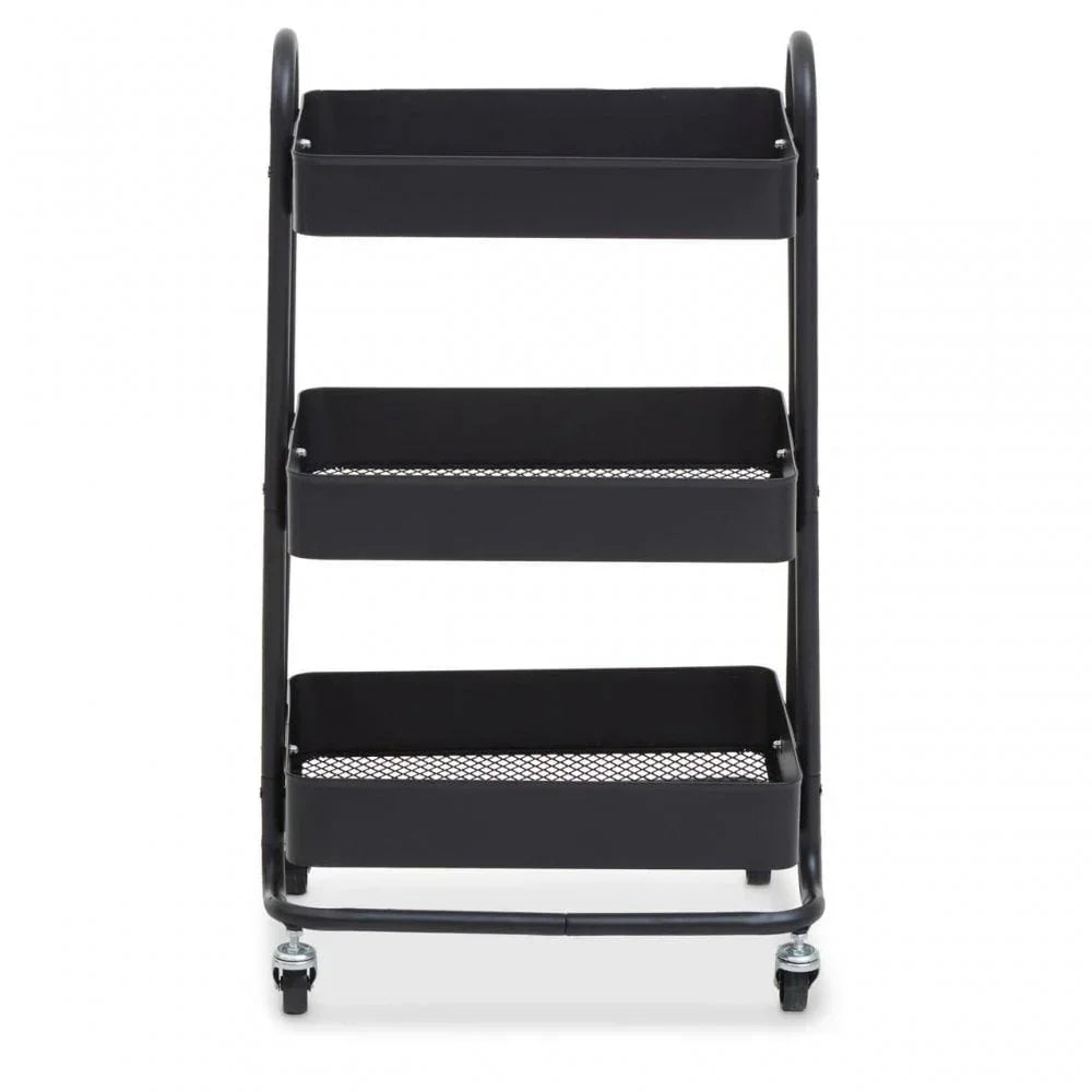 Black metal three tier storage trolley with mesh shelves and castor wheels, front view