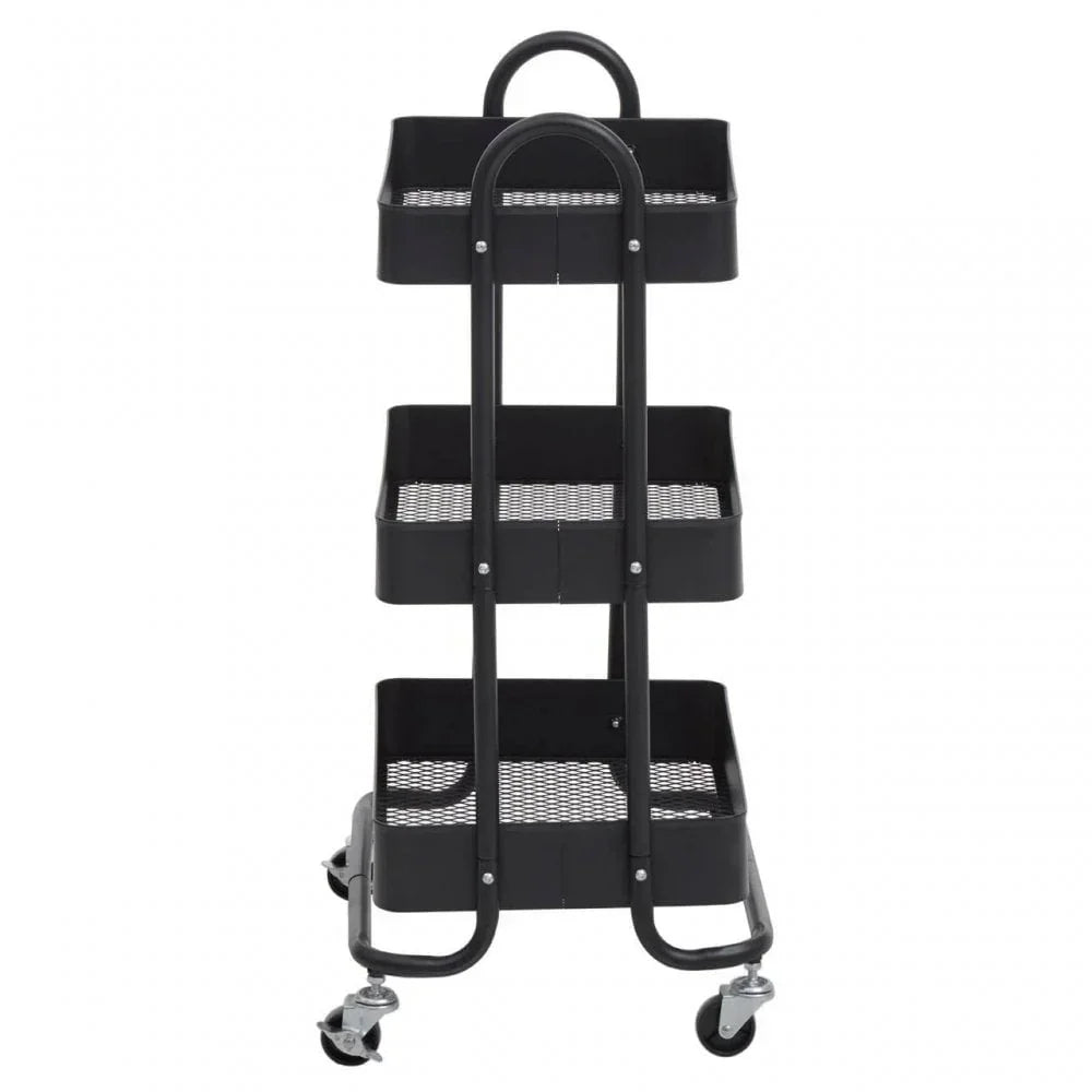 Black three tier metal storage trolley with mesh shelves and caster wheels