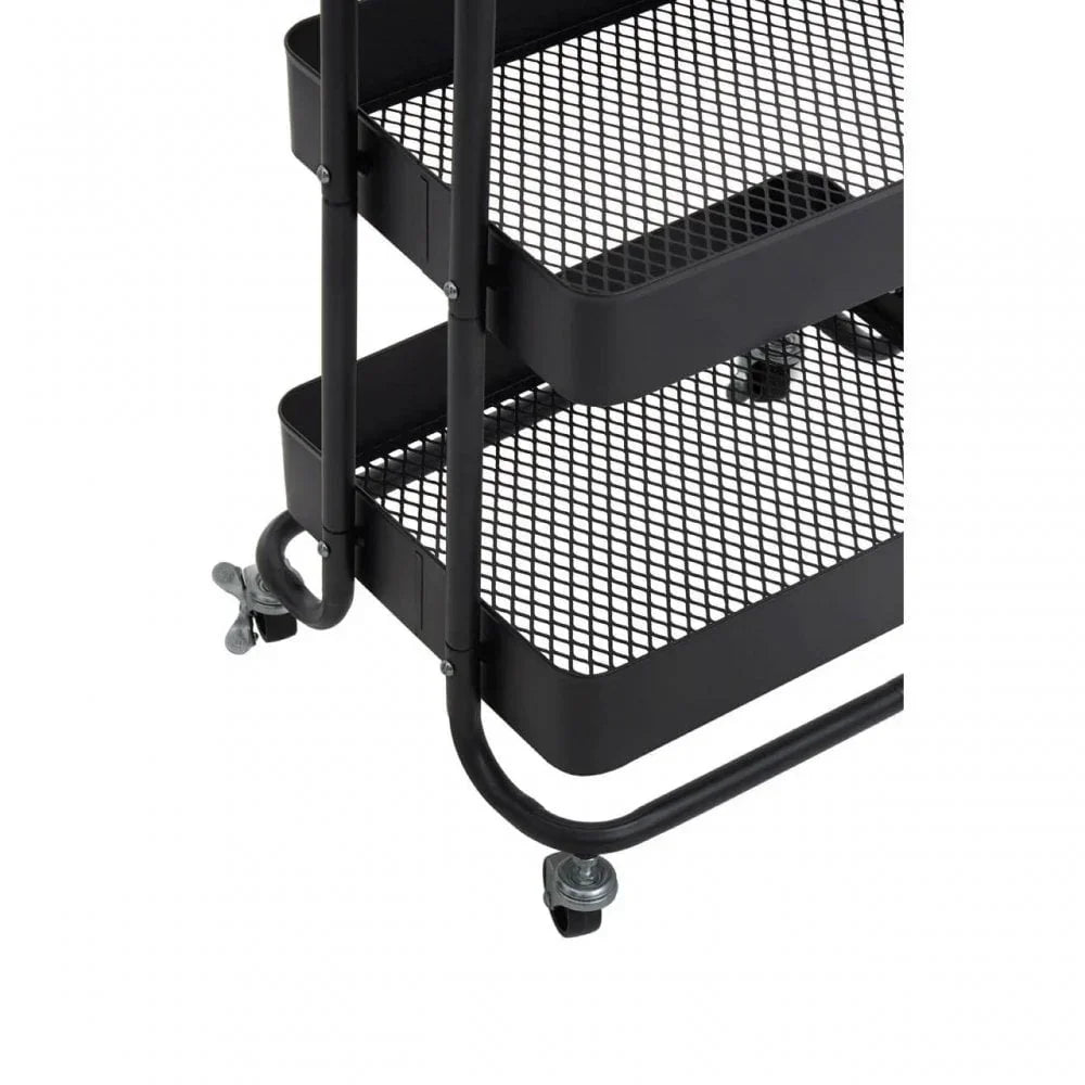 Black metal mesh storage trolley with three tiers and swivel caster wheels closeup
