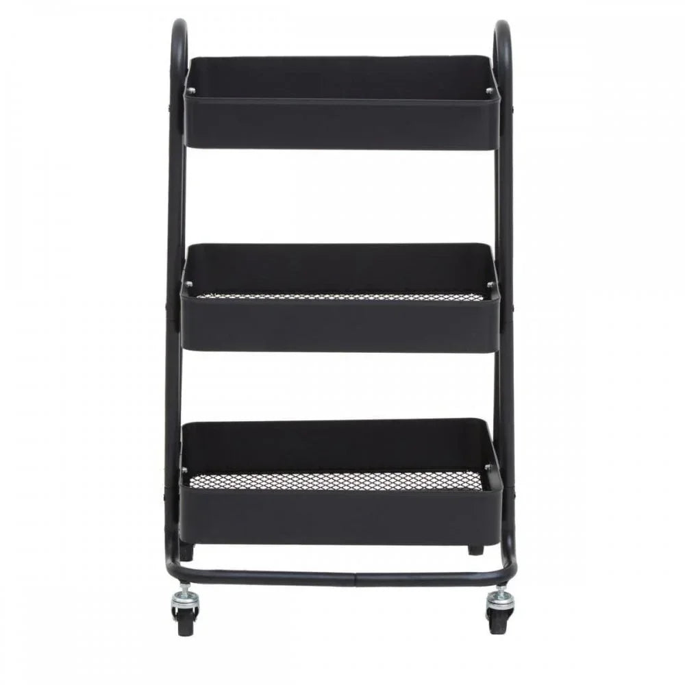 Black metal storage trolley with three mesh shelves and caster wheels, front view