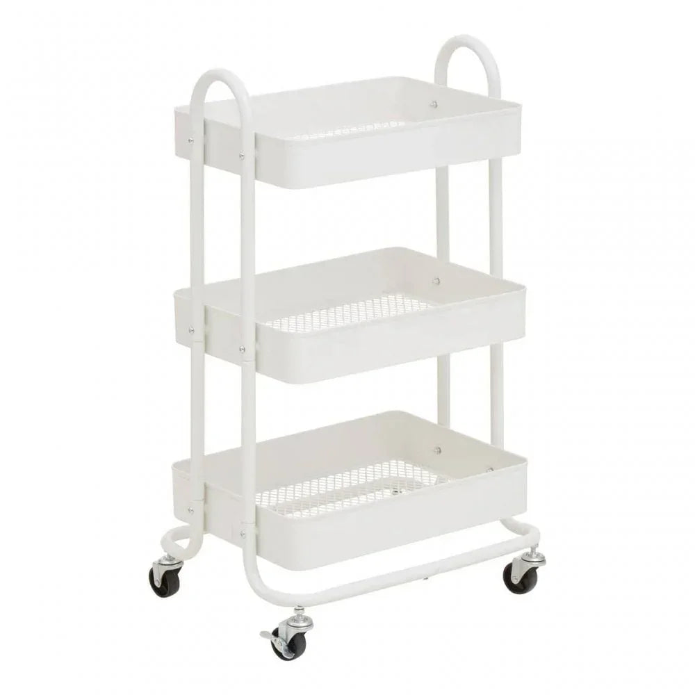 White metal storage trolley with three shelves and castor wheels for easy mobility