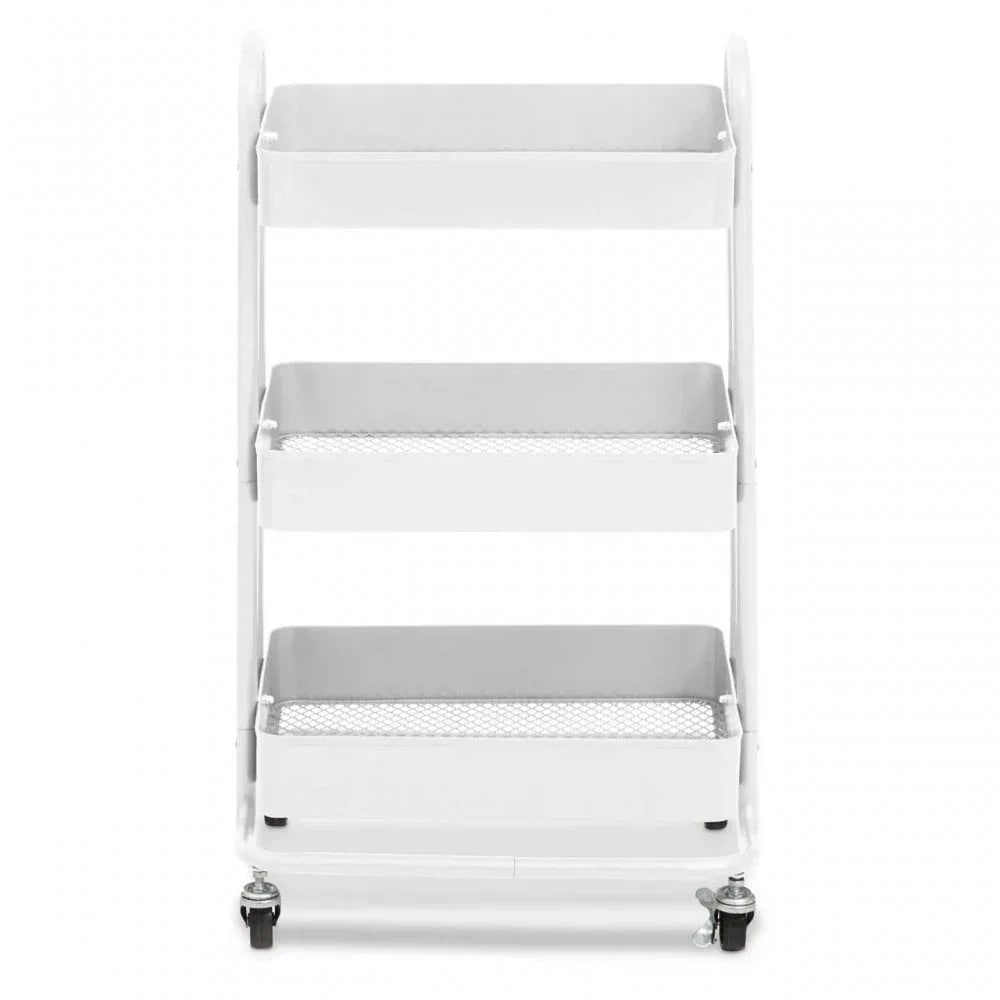 White metal three tier storage trolley with mesh shelves and castor wheels, front view