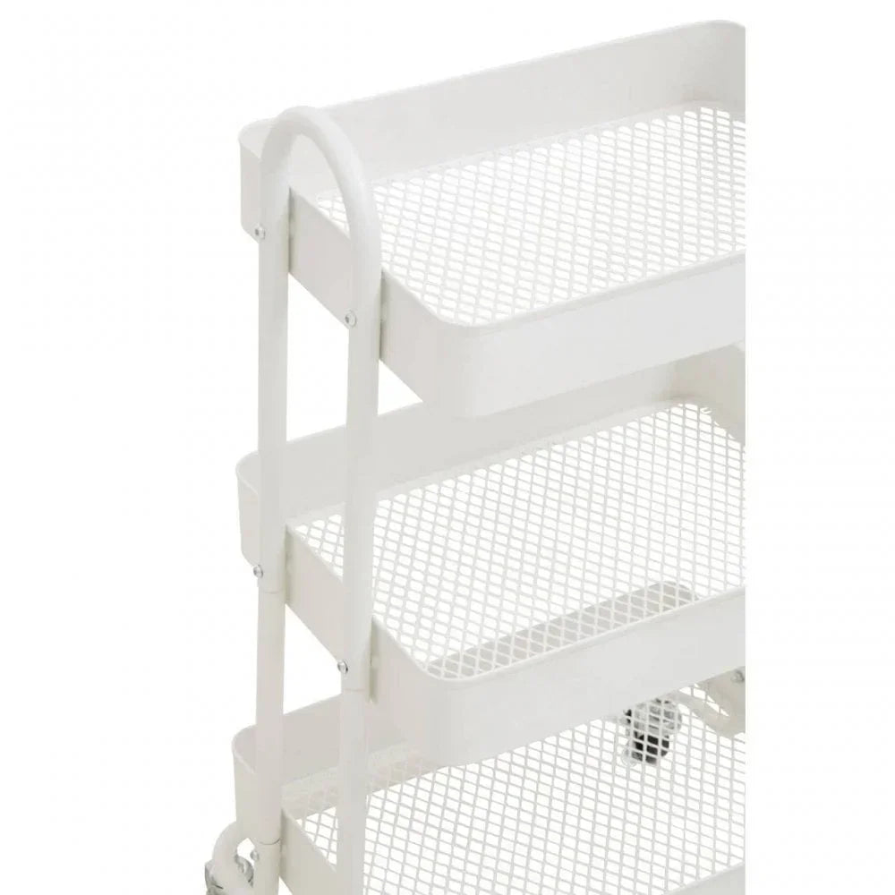 White metal mesh storage trolley with three shelves and curved handle