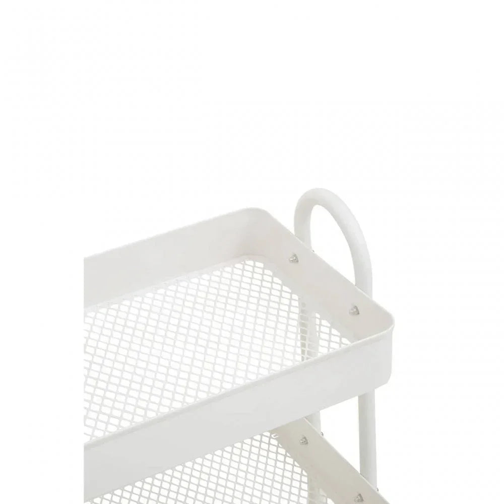 White metal storage trolley with mesh shelves and curved handle, close-up detail view