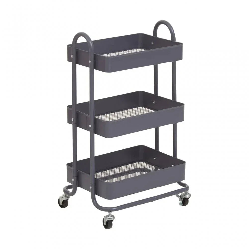 Three tier grey metal storage trolley with mesh shelves and wheels