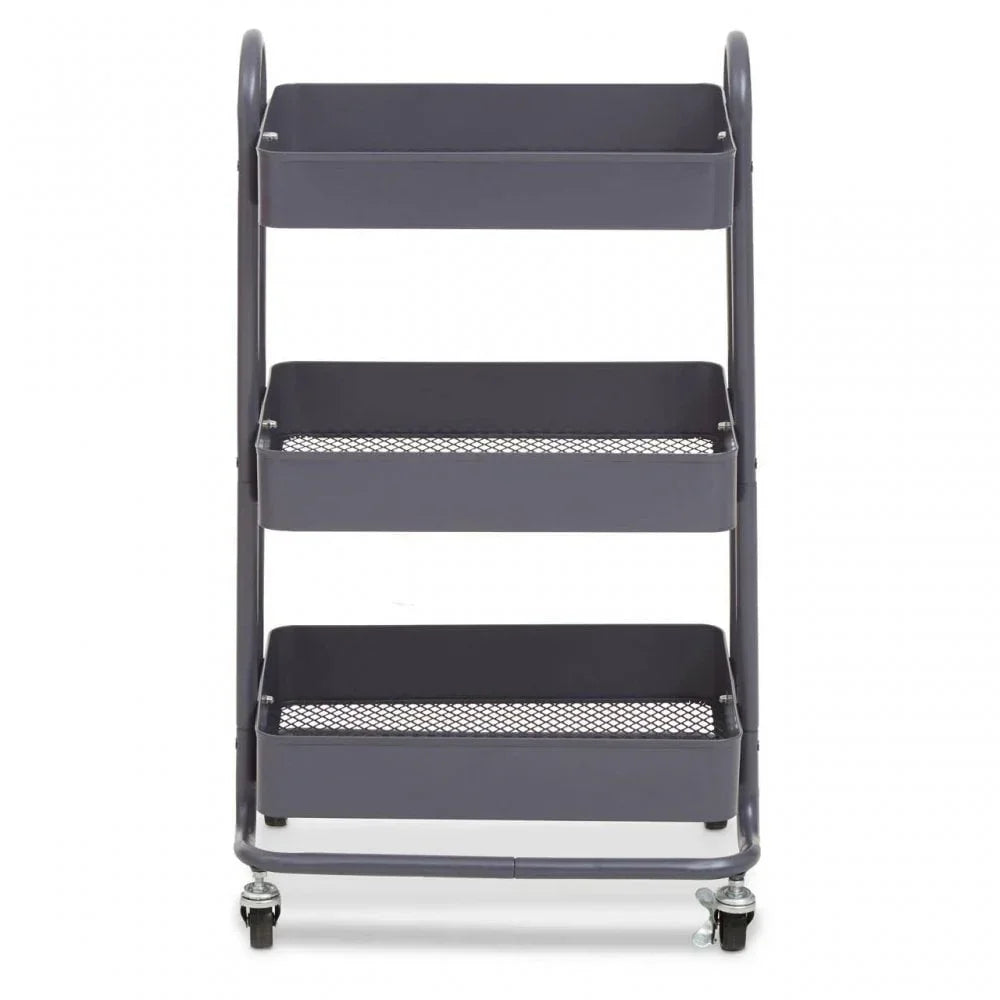Grey metal three tier storage trolley with mesh shelves and wheels, front view