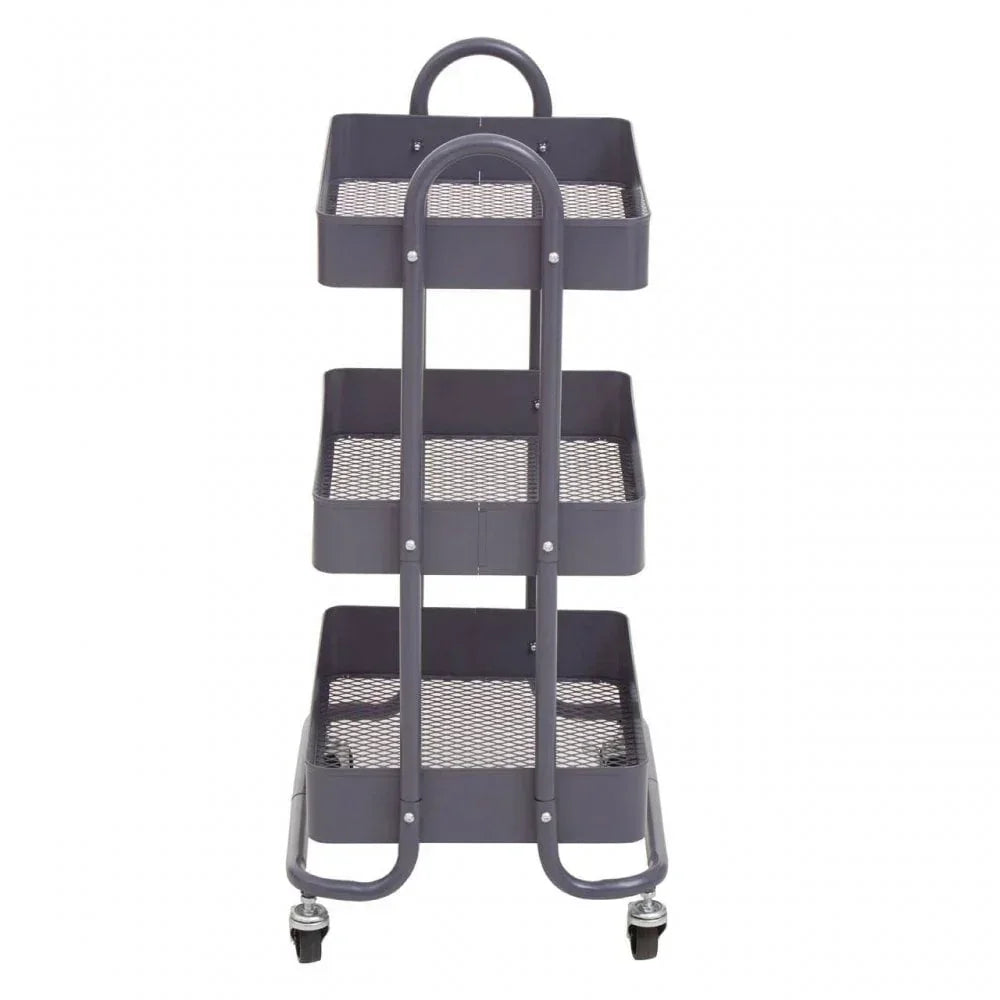 Grey metal 3 tier storage trolley with mesh shelves and caster wheels, front view