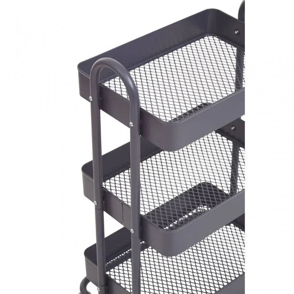 Black metal mesh storage trolley with three shelves and side handles