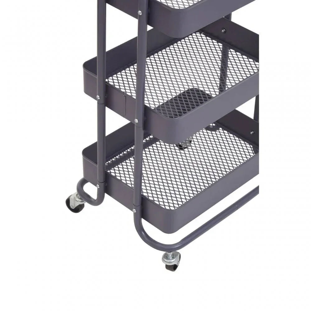 Three tier metal storage trolley with mesh shelves and caster wheels, close side view