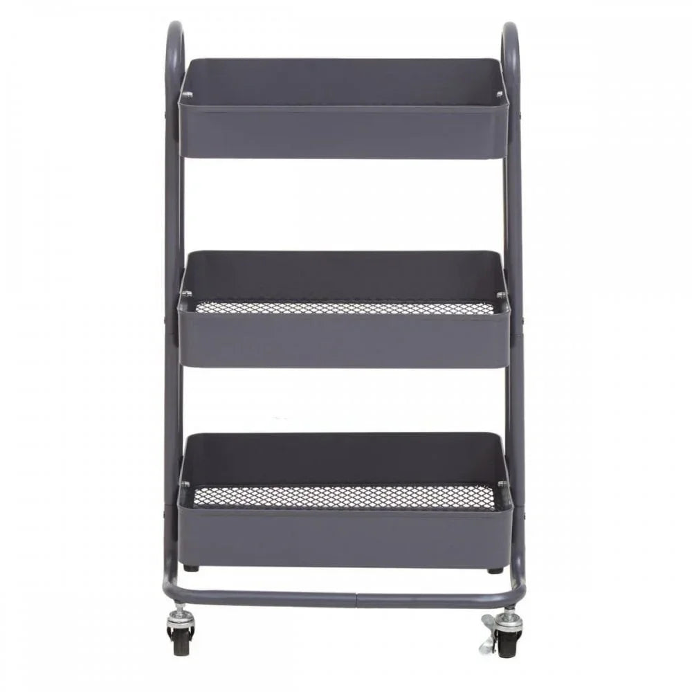 Grey metal storage trolley with three mesh shelves and caster wheels, front view