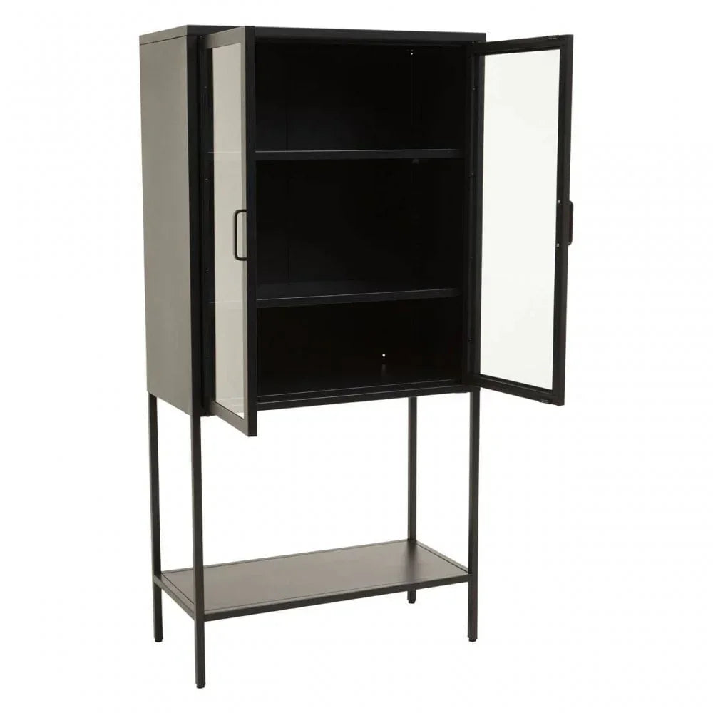 Black metal cabinet with glass doors, open shelving and lower storage shelf