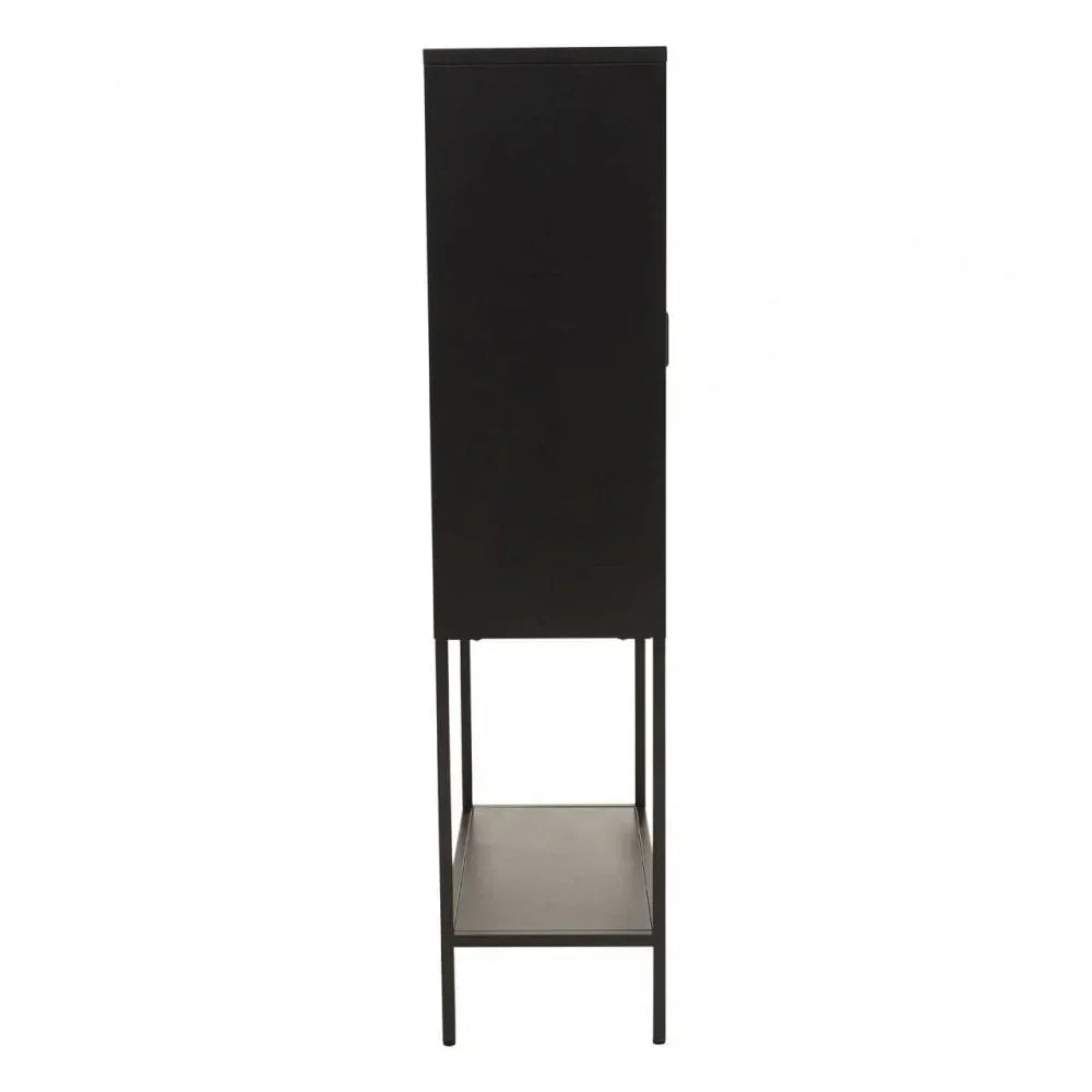 Side view of black metal storage cabinet with slim legs and lower shelf