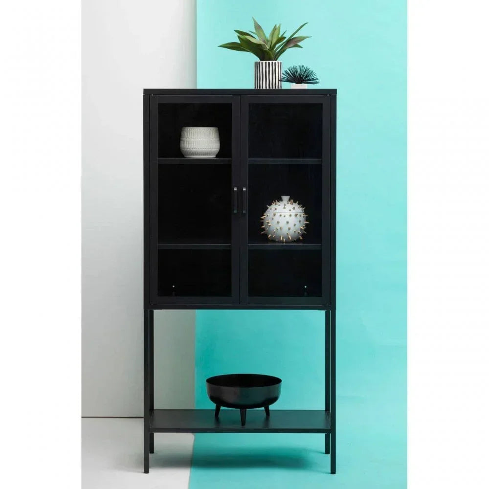 Black metal display cabinet with glass doors, styled with decorative bowls and potted plant
