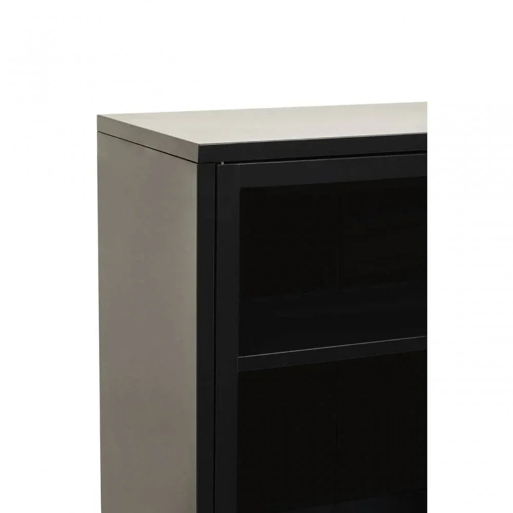 Black and grey storage cabinet with two open shelves, angled front side view