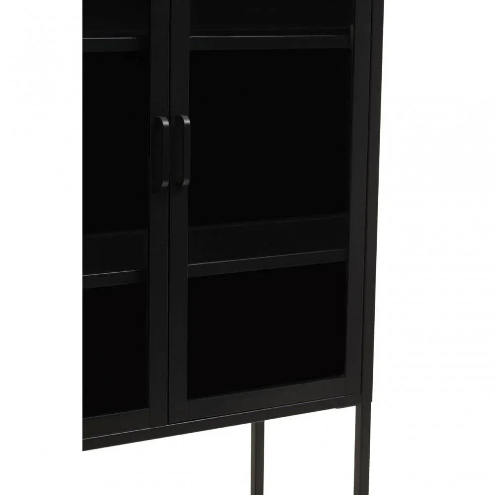 Black metal storage cabinet with glass doors and slim legs, close view of handles