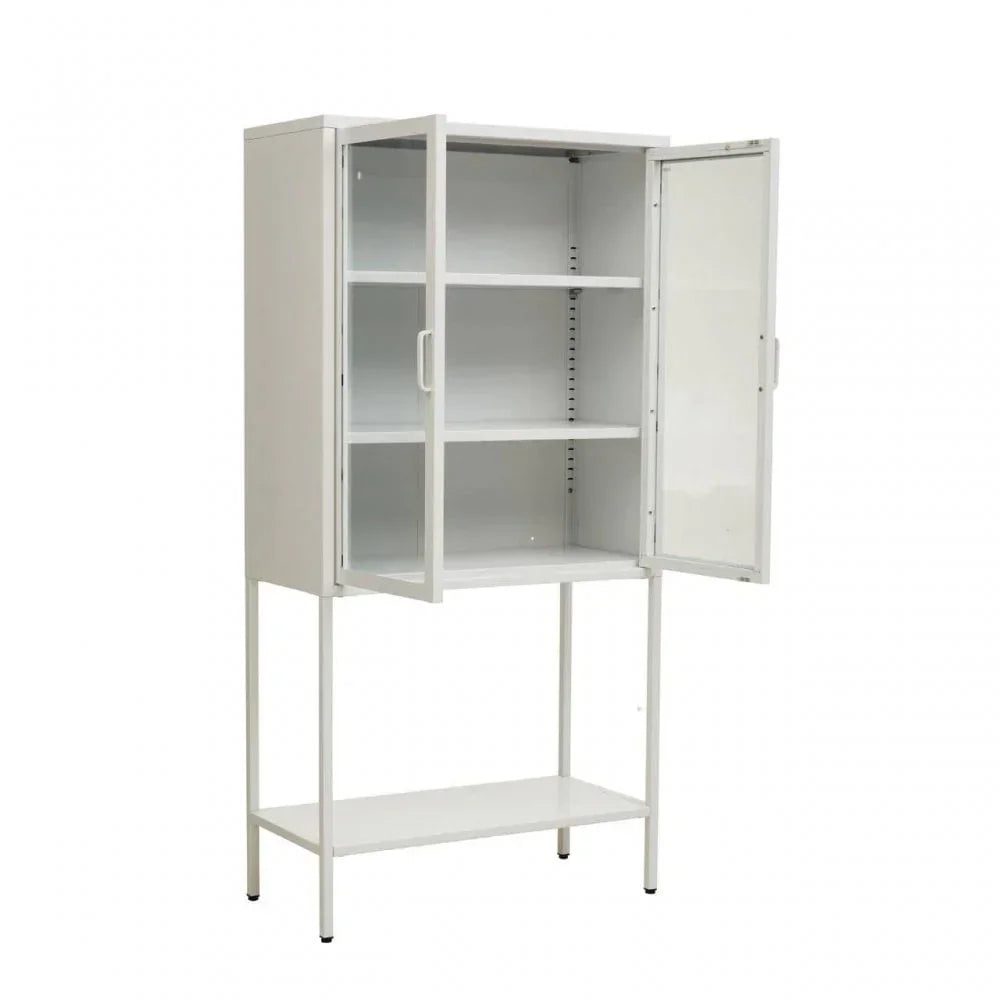 White metal storage cabinet with glass doors and three shelves, shown with doors open