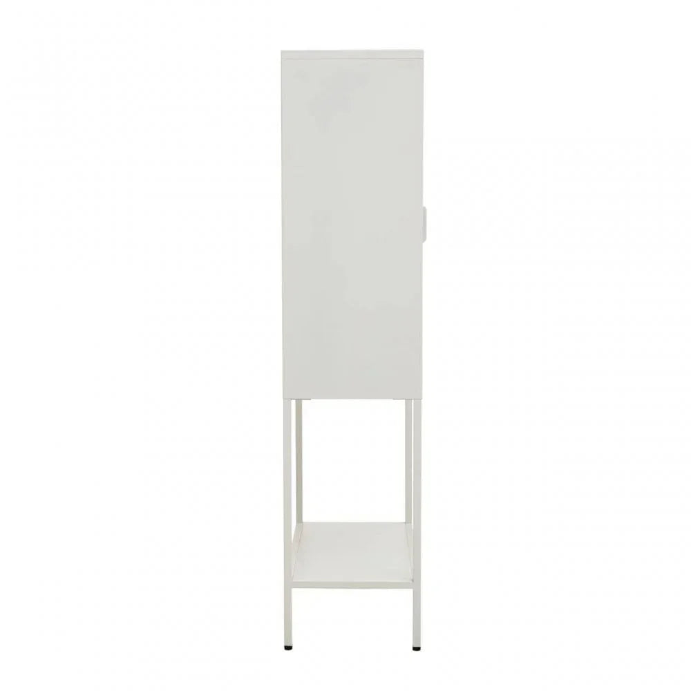 Slim white storage cabinet side view with tall metal legs and lower shelf
