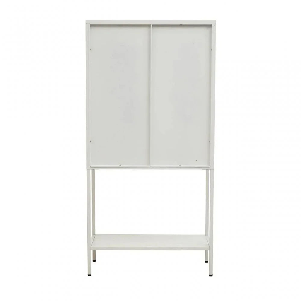 White metal storage cabinet back view with shelf and slim legs