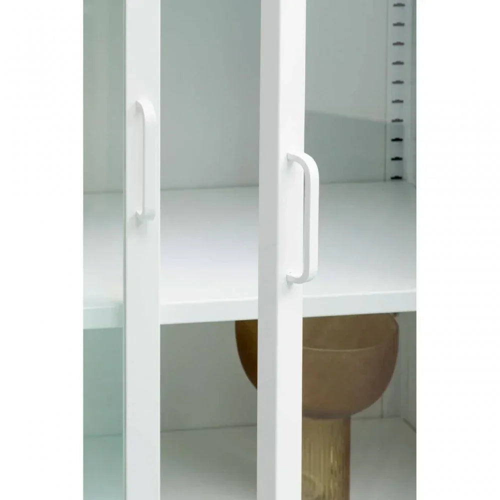 White glass display cabinet with shelves and metal handles