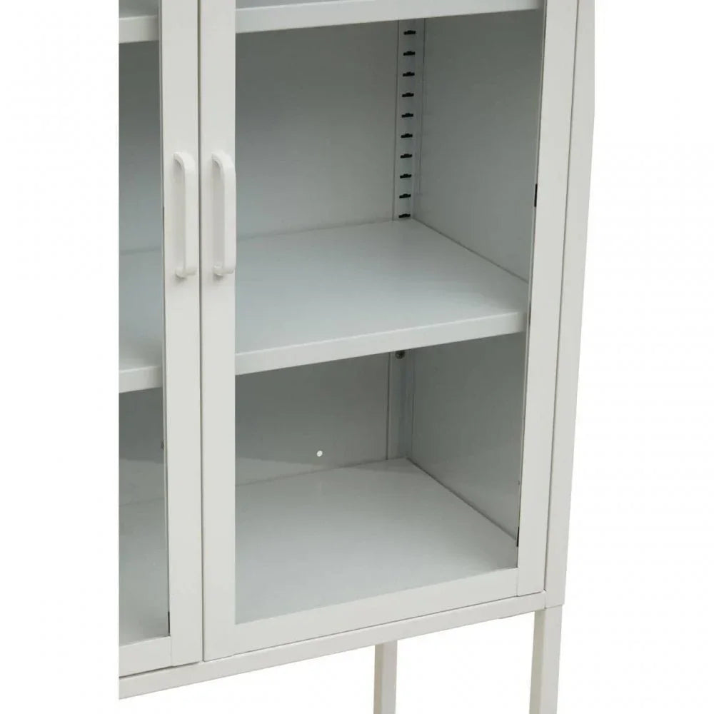 White metal display cabinet with glass doors and adjustable shelves, close side view