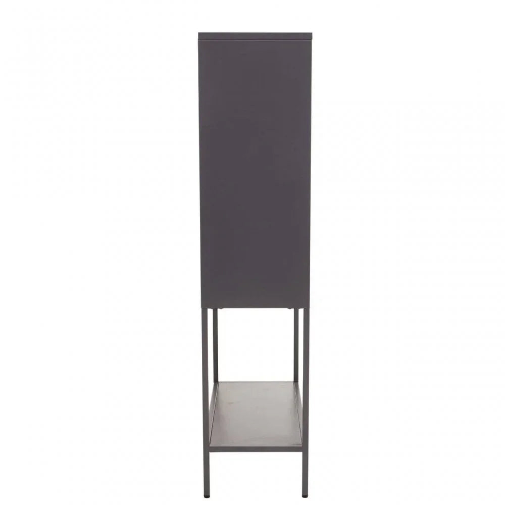 Side view of tall grey storage cabinet with shelf and metal legs