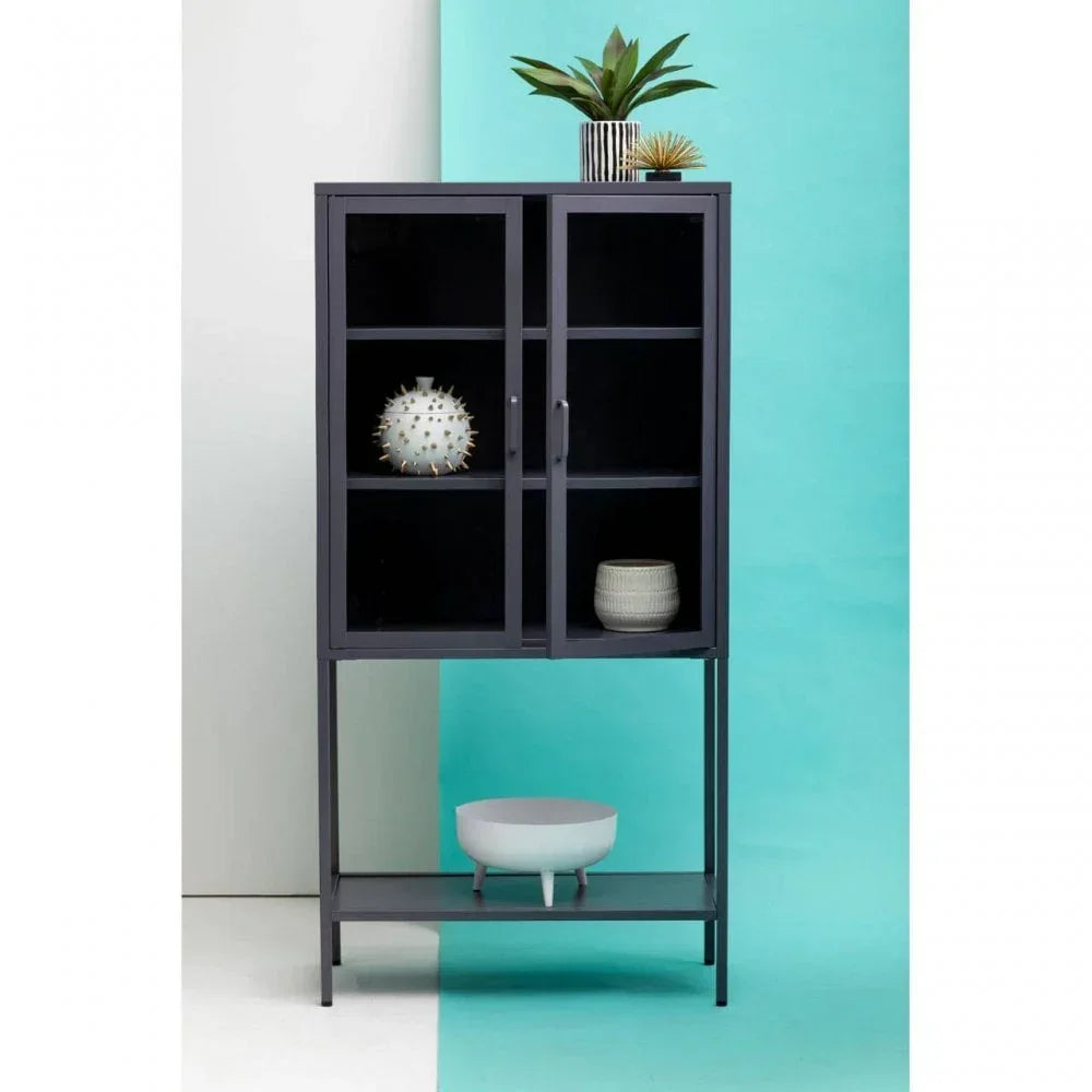 Black metal display cabinet with glass doors and decorative items, shown on blue background