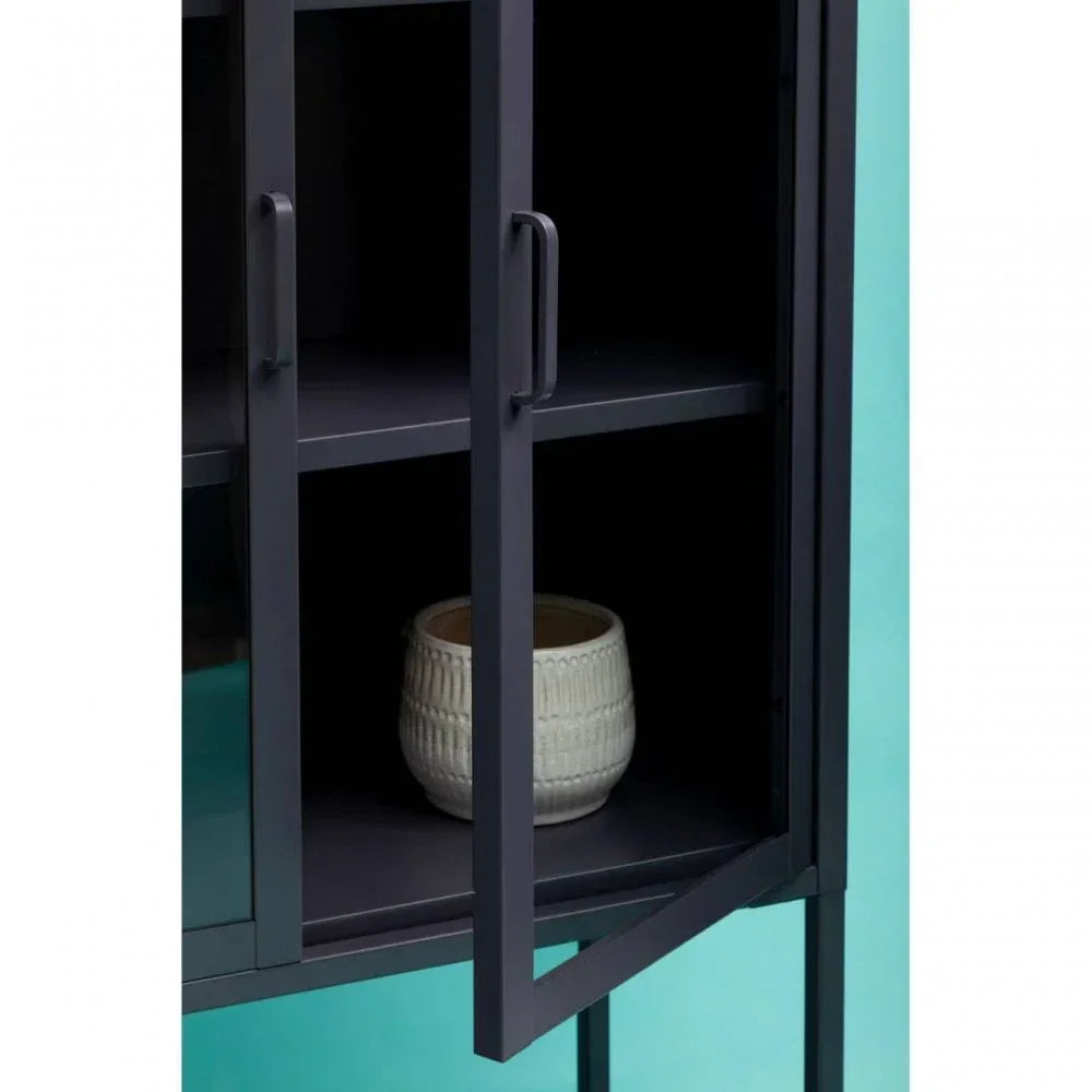 Black metal storage cabinet with glass doors and ceramic pot inside, close side view
