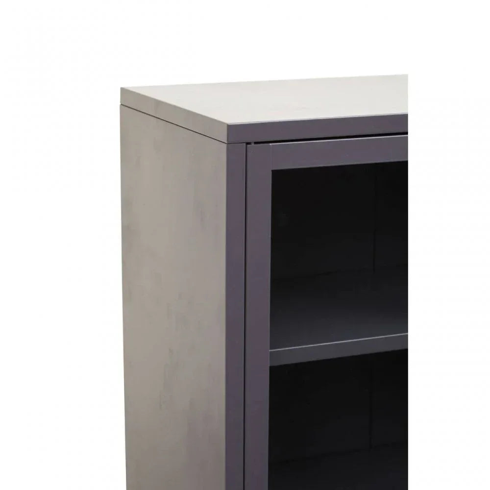 Close-up of grey wooden shelving unit with open shelves and modern clean lines