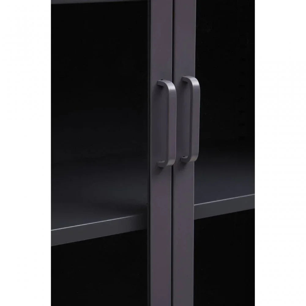 Closeup of black metal cabinet doors with handles and internal shelving visible
