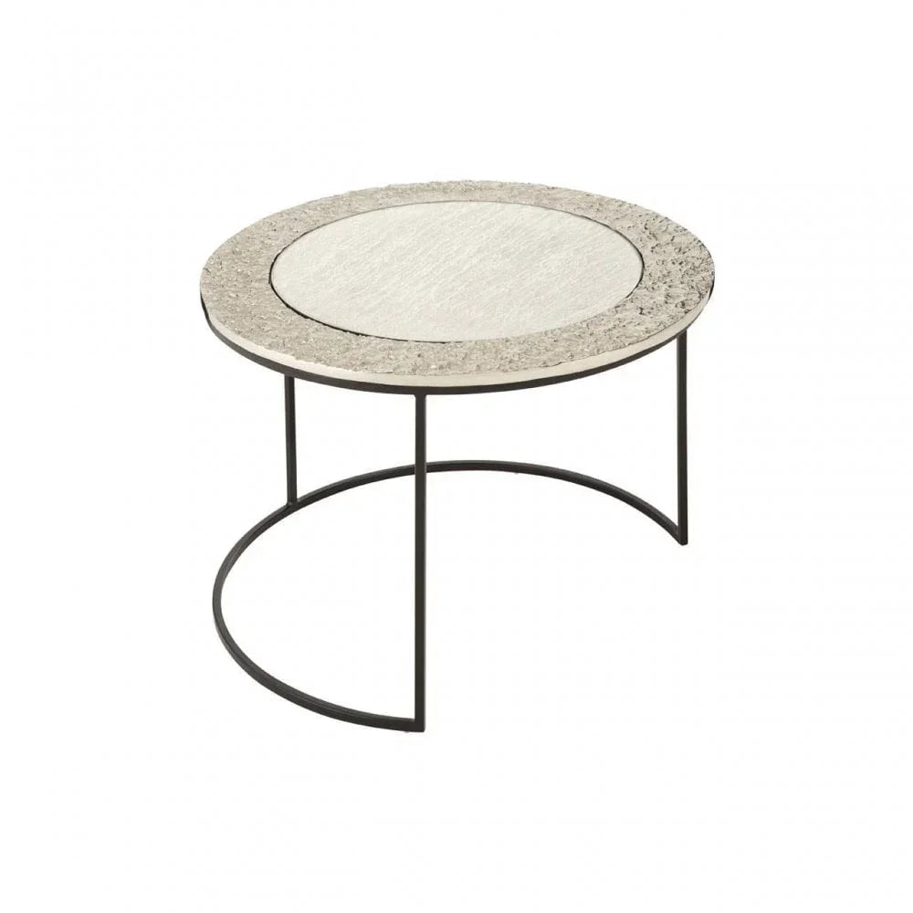 Round stone top coffee table with black metal frame, modern minimalist design