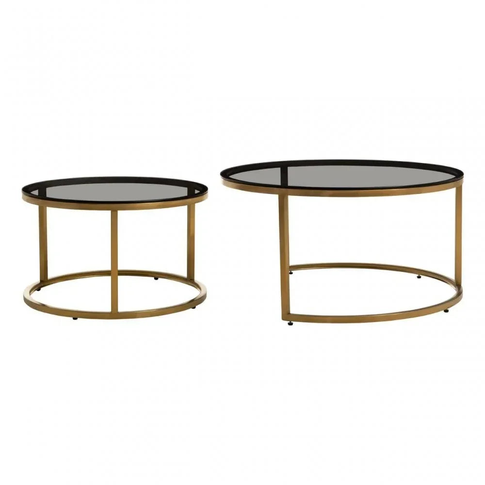 Round glass coffee table set with gold metal frames, shown on white background