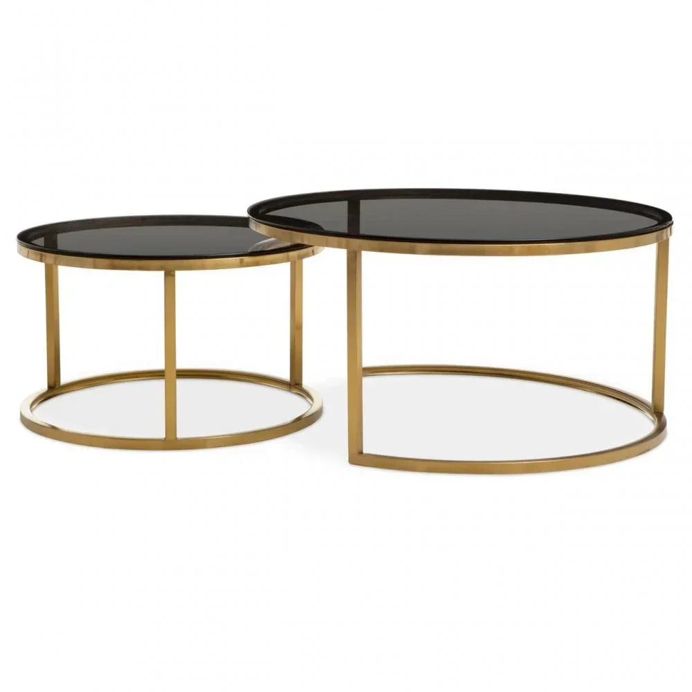 Round glass coffee table set with gold metal frames, nested design, contemporary style