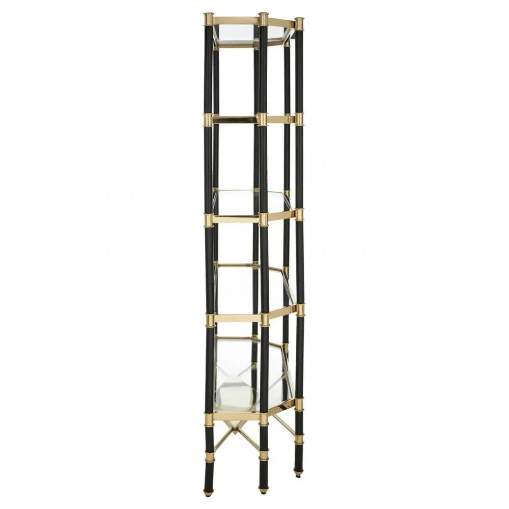 Tall black and gold shelving unit with five glass shelves, photographed from the front