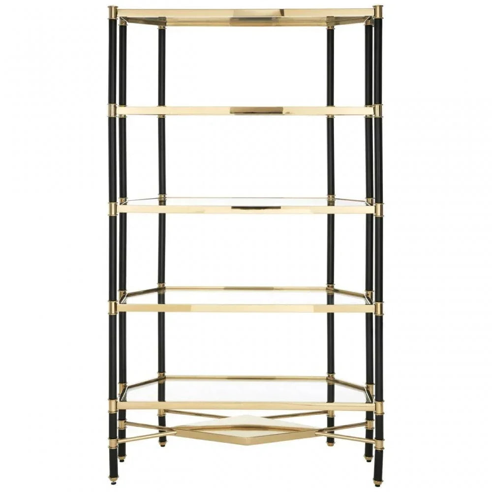 Gold and black metal shelving unit with five glass shelves, front view