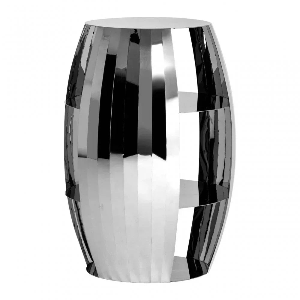 Round chrome metal side table with reflective ribbed finish on white background