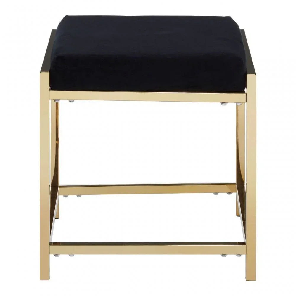 Modern black velvet stool with gold metal frame, front view