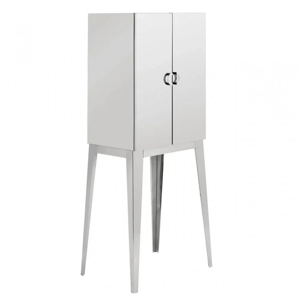 Mirrored cabinet with tall legs and double doors, modern storage unit for living room