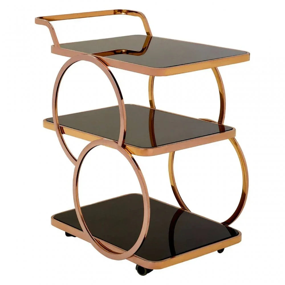 Three tier gold metal drinks trolley with black glass shelves and round side supports