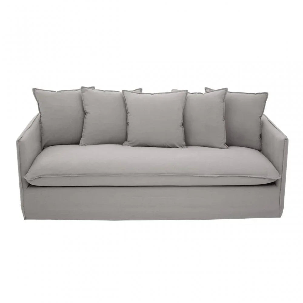 Modern grey fabric sofa with five loose back cushions and straight square arms