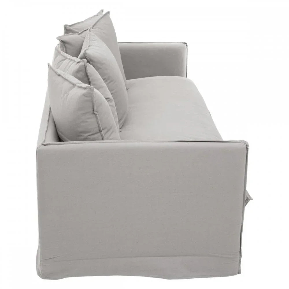 Side view of light grey fabric sofa with three matching back cushions