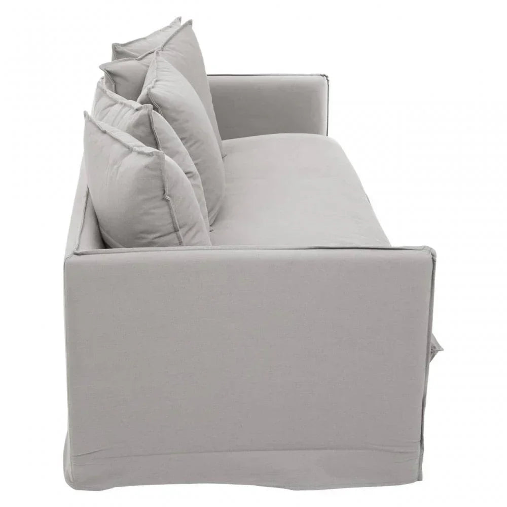 Side view of a light grey fabric sofa with three back cushions and straight armrests