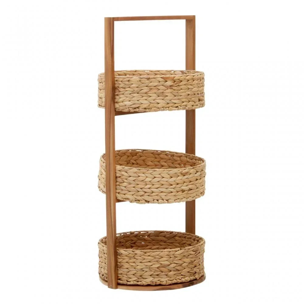 Three tier woven storage basket rack with wooden frame, natural finish
