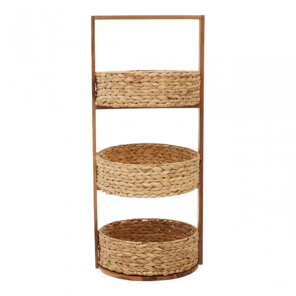 Three tier woven storage basket stand with round trays and wooden frame